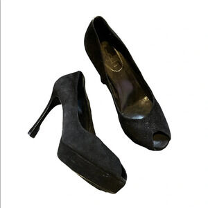 YSL Yves Saint Laurent Black Suede Peeptoe Heels, size 37.5